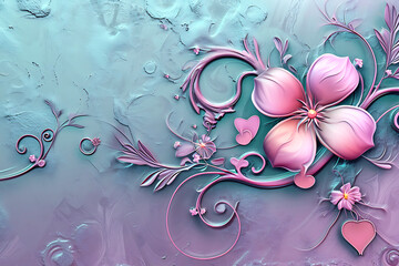 Floral Bas-Relief Sculpture with Swirls. Textured bas-relief illustration featuring stylized pink flowers, graceful swirls, and delicate floral elements on a textured blue background. Horizontal illus
