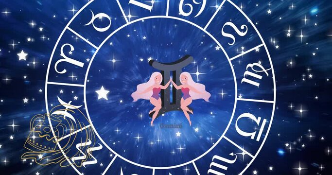 Animation of gemini star sign in zodiac wheel on starry night sky