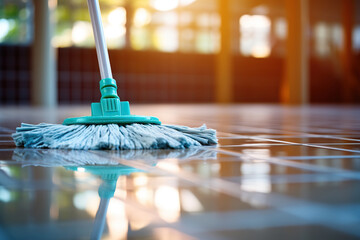 Wet cleaning of the floor using a mop. Concept of cleaning, housework. Generated by artificial intelligence - obrazy, fototapety, plakaty