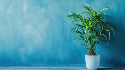 Plant against a blue wall background with copy space