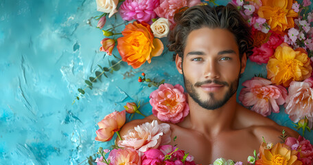  Handsome Young Man Against Blue Background with Flowers: Versatile Copy Space for Love, Greetings, and Valentine's Day.