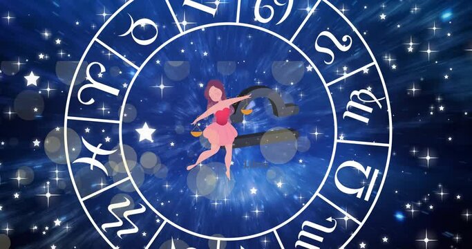 Animation of virgo star sign in zodiac wheel on starry night sky