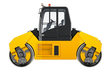 Obraz na płótnie Canvas Yellow road roller, side view. 3D rendering isolated on transparent background