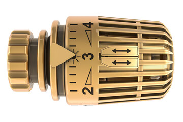 Golden Temperature Control Valve, Thermostatic Valve Head, 3D rendering isolated on transparent background