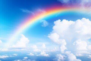 Experience the awe-inspiring beauty of a vibrant rainbow stretching across the vivid blue sky