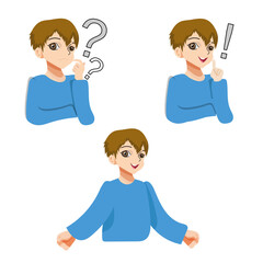 Boy in blue sweater set thinking finding out and explaining 