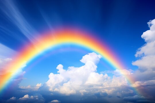 Experience the awe-inspiring beauty of a vibrant rainbow stretching across the vivid blue sky