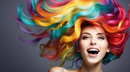 Obraz premium Beauty Model Girl with Colorful Rainbow Hairstyle, Girl with perfect Makeup and Hairstyle.