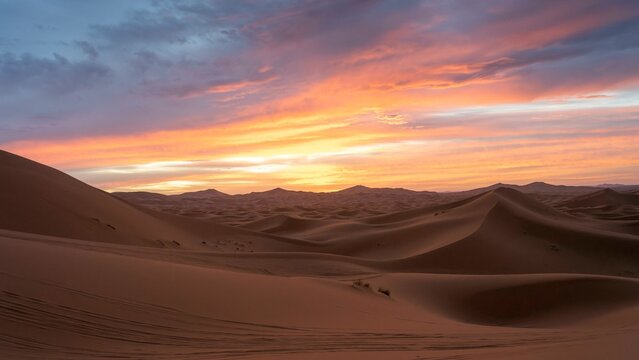 Sunrise in the desert, dunes, Erg Chebbi, Sahara, Merzouga, Morocco, Africa