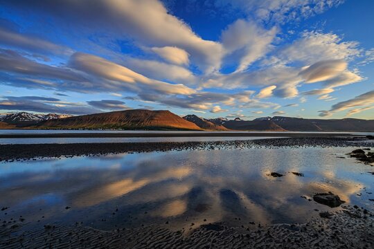 Ebb pond at a fjord off Bergen, evening light, clouds reflected in the water, Westfjords, Iceland, Europe