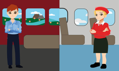 Flight attendant and train conductor at work, plane illustration