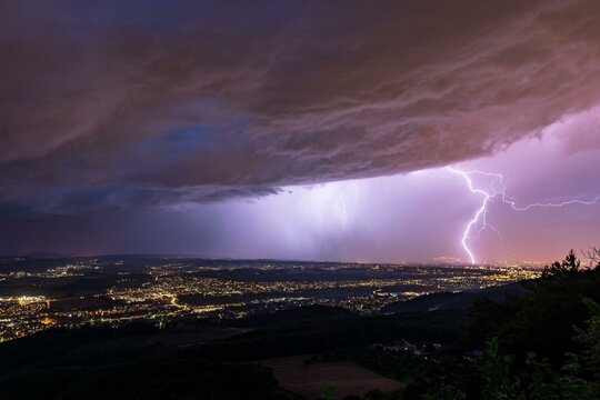 Thunderstorm lightning over the city of Basel, Canton Basel, Switzerland, Europe