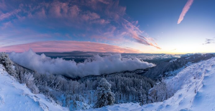 Winter evening mood over the Central Plateau, from the Stallflue in the canton of Solothurn, Switzerland, Europe