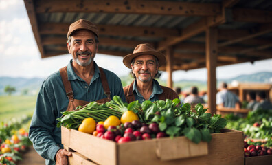A agriculture co-op farm. Two man , happily carry boxes of fresh vegetables in an agricultural field. Supporting local farmers and sustainability concept.