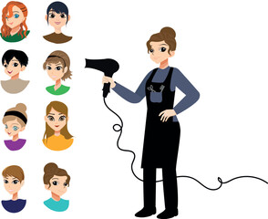 the hairdresser woman standing with a hairdryer in her hand and shows professional hairstyles