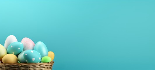 Colorful Easter eggs with intricate designs in rustic basket on a light blue background. Banner with copy space. Suitable for spring holiday marketing and festive decoration visuals. Easter traditions