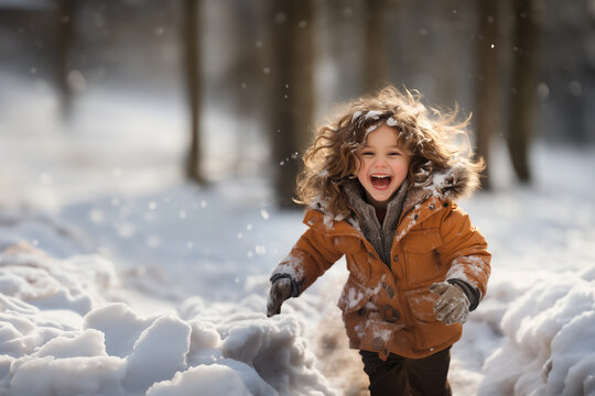Little smiling girl plays in the snow. Generative ai image.