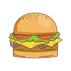 Illustration vector graphic of delicious floating hamburger, with flying ingredients isolated on white background, cut cartoon kids design style