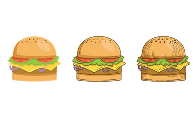 Set of colorful hamburger illustration, flat, cute cartoon, hand drawn classic, retro, vintage, with flying ingredients isolated on white background