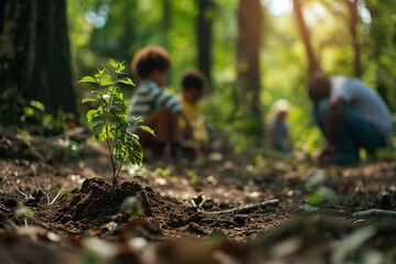 Obraz premium A family honors a loved one's memory by jointly planting a tree in a serene forest