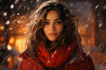A captivating winter portrait featuring an individual wrapped in a cozy scarf, donned in a vibrant red coat, with snowflakes gently falling around them, creating a serene.