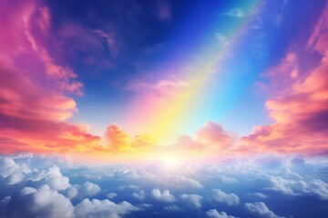 Experience the serenity of a picturesque sky painted in a soothing blue, brought to life by the presence of a vibrant and captivating rainbow - obrazy, fototapety, plakaty