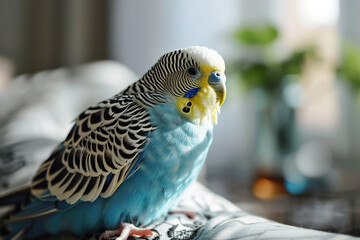 Adorable blue budgie sitting on the sofa in the living room