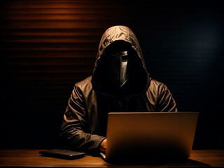 Man sitting in front of monitor on dark background. Hacking