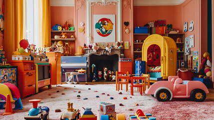 Um quarto de brincar para crianças projetado em um estilo divertido e lúdico, apresentando cores vibrantes, móveis interativos e soluções criativas de armazenamento para inspirar a imaginação.