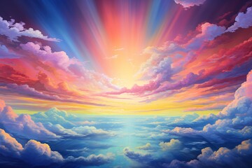 Experience the serenity of a picturesque sky painted in a soothing blue, brought to life by the presence of a vibrant and captivating rainbow - obrazy, fototapety, plakaty