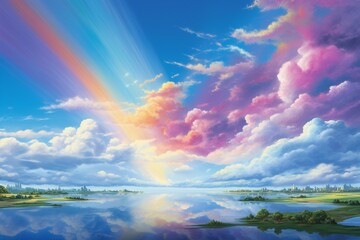 Experience the serenity of a picturesque sky painted in a soothing blue, brought to life by the presence of a vibrant and captivating rainbow