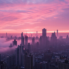 Urban Awakening: Soft Pink Dawn Over the City
