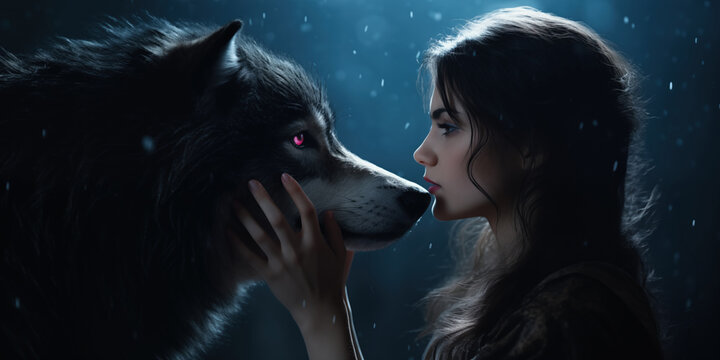 a Young Heroine Holds Her Wolf Companion Close, Conjuring a YA Fantasy Landscape Where Friendship Shines Brighter than the Mystic Fog's Glow.Wolf and woman. 