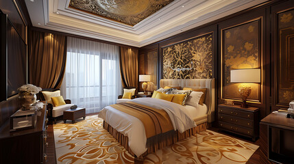 Um luxuoso quarto projetado no estilo Art Deco, com padrões geométricos ousados, tecidos suntuosos e acabamentos metálicos para um visual glamoroso e sofisticado.