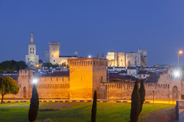Palace of the Popes and Avignon Cathedral during evening blue hour, Avignon, Provence, France