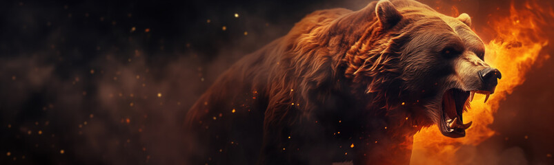 Flaming grizzly bear fantasy horizontal poster. Ashes, embers and flames. Black background. Fiery...