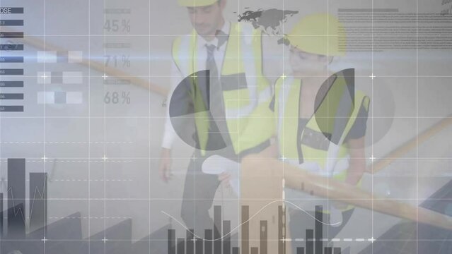 Animation of financial data processing over diverse architects and construction site