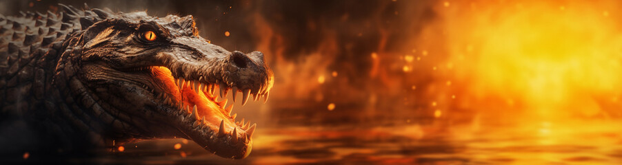 Blazing River Guardian: Crocodile Fantasy Poster immersed in Ashes, Embers, and Flames on a Black Canvas. Journey through a Fiery Fantasy Wild Animal Collection, symbolizing the Harsh Climate