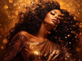 Beautiful black woman in gold glittering dress