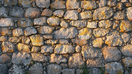 Sunlight casting shadows on a rustic stone wall 