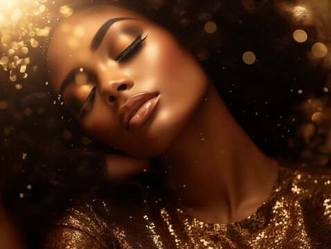 Beautiful black woman in gold glittering dress