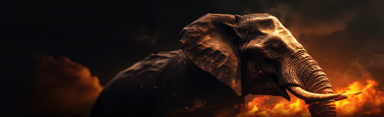 Flaming Elephant fantasy horizontal poster. Ashes, embers and flames. Black background. Fiery fantasy wild animal collection. Climate change and global warming concept. Extinction concept.