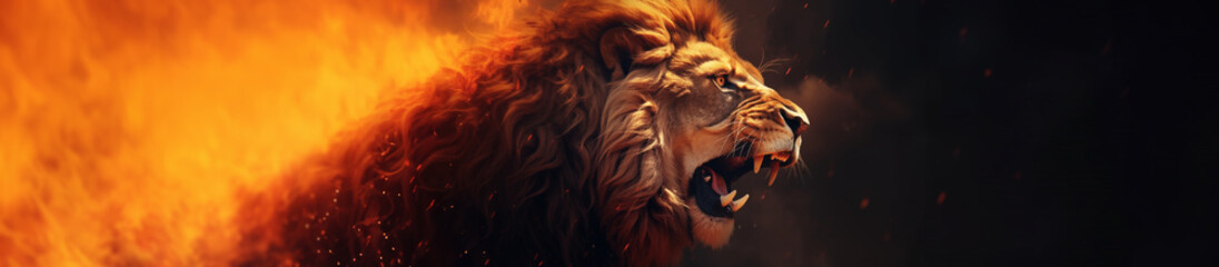 Flaming lion king fantasy horizontal poster. Ashes, embers and flames. Black background. Fiery fantasy wild animal collection. Climate change and global warming concept. Extinction concept. - obrazy, fototapety, plakaty