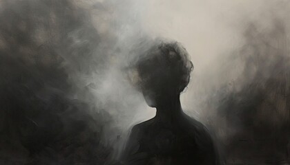 Mysterious dark figure shrouded by fog in a grayscale artwork - 706759319