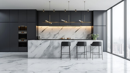 Uma cozinha moderna e minimalista com armários elegantes, eletrodomésticos de aço inoxidável e um layout aberto, enfatizando a funcionalidade e uma estética sem desordem.