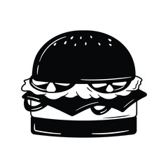 Illustration vector graphic of delicious floating hamburger, with flying ingredients isolated on white background, silhouette black and white color design style