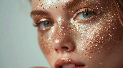Close-up of shimmering glitter makeup accentuating the eyes, lips, and cheeks of a stunning girl against a plain white background  - obrazy, fototapety, plakaty