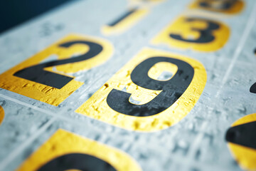 Number nine in yellow and black. A close-up of the textured number nine painted yellow on a metal surface with black accents creating a striking contrast. Horizontal photography