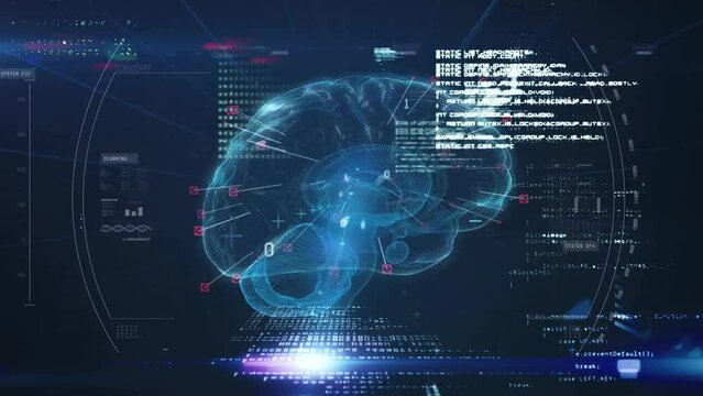 Animation of data processing over human brain on dark background