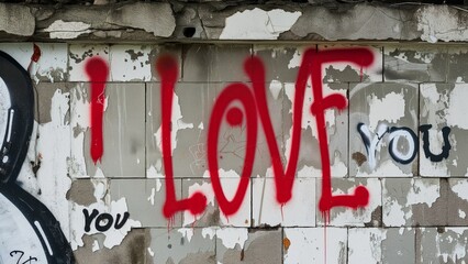 A stark expression of affection with the words I LOVE you in red paint adorns a dilapidated urban wall, capturing a contrast of decay and devotion on Valentines Day.